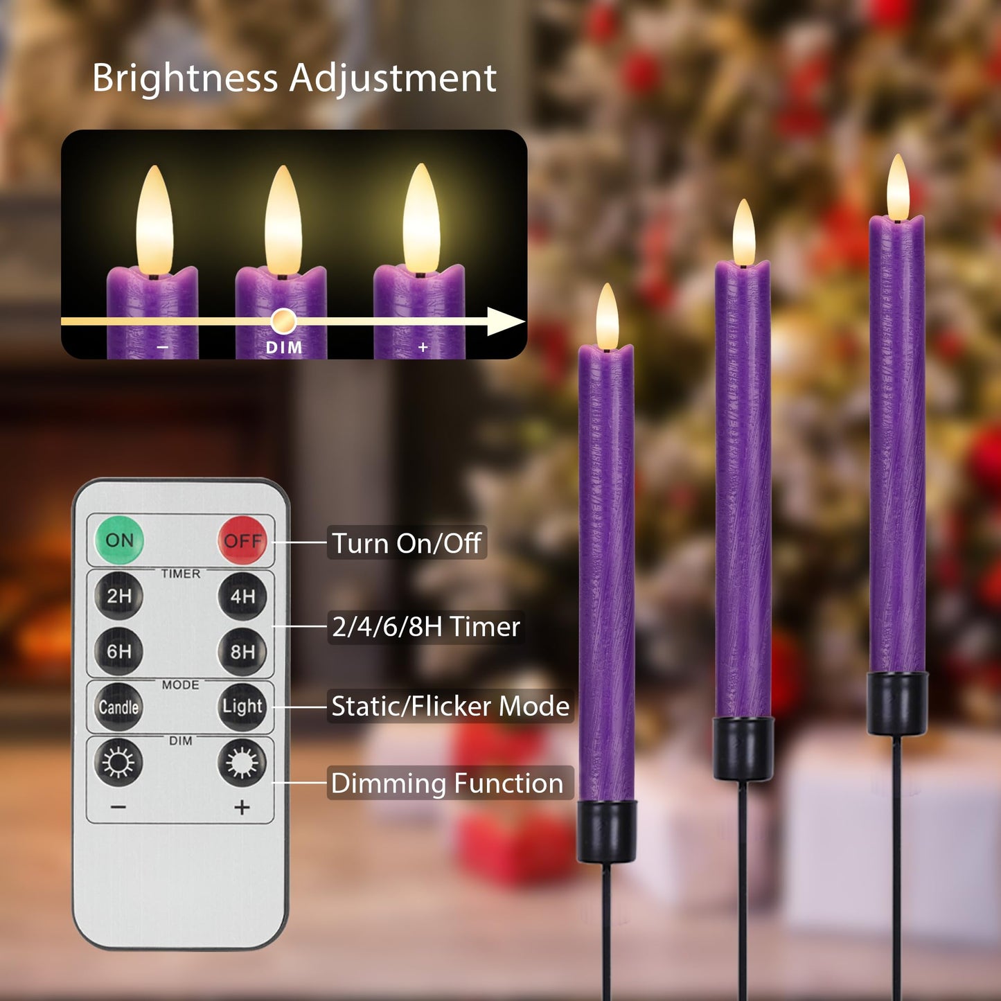 AFINETH Purple Flameless Taper Candles with Remote, 6 Pack Real Wax Battery Operated Candles, 9.6 Inch Flickering Led Christmas Candlesticks Decorations for Winter Home Holiday Xmas Gift