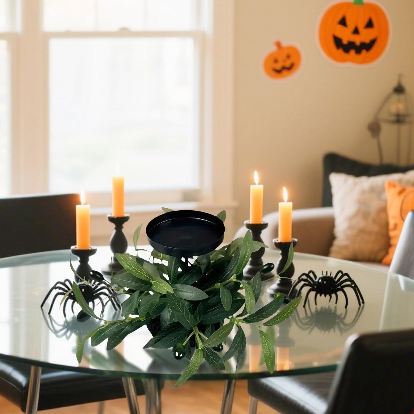 Mini Halloween Wreaths with Plastic Candle Holder, 5.5" Artificial Black Maple Leaves Candle Wreath Floral Twig Candleholder Wreath for Table Centerpieces Decorations