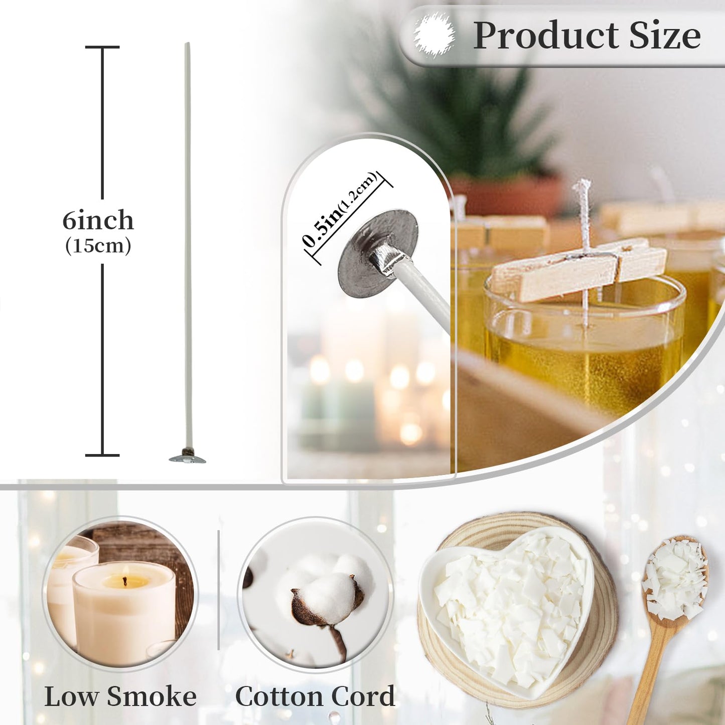 6-Inch White Cotton Candle Wicks 100-Pack - Pre-Waxed with Tabs for DIY Candle Making - Premium Candle Wick Supplies