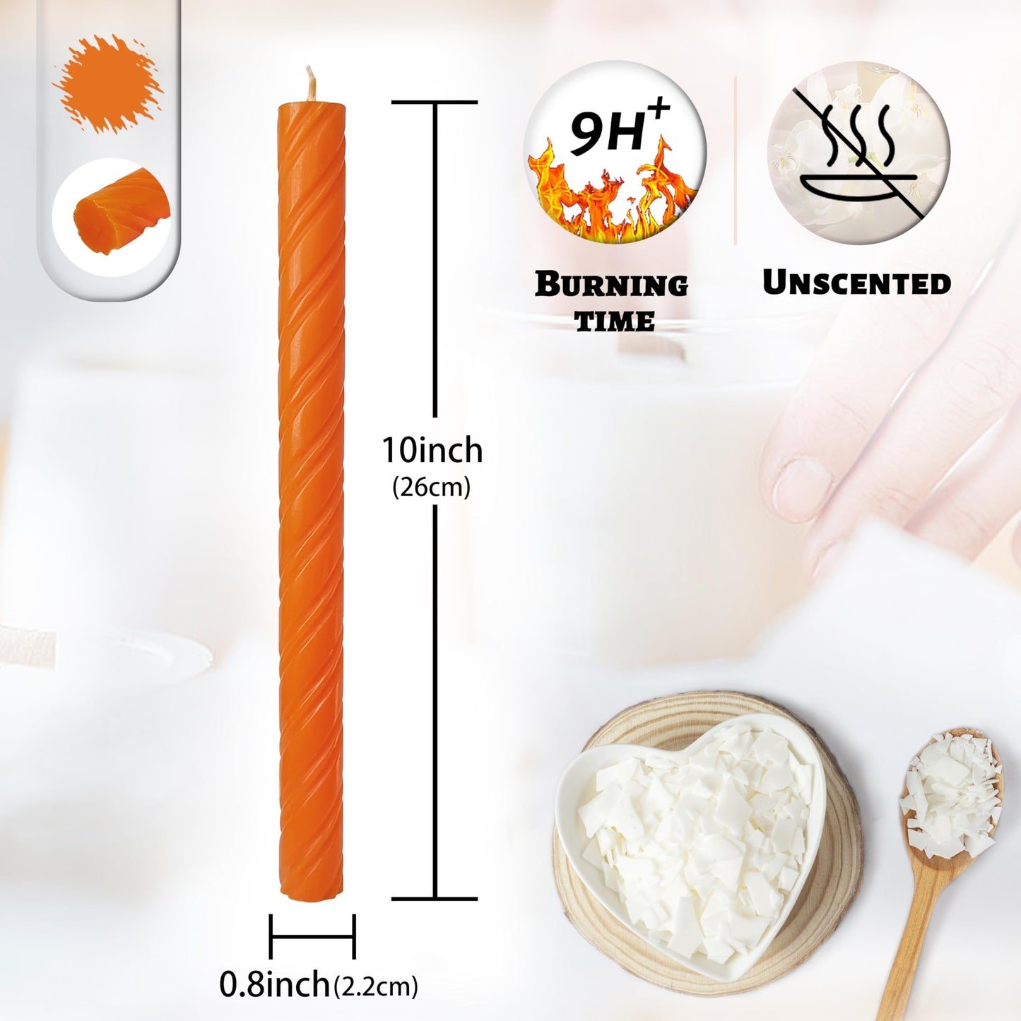 Unscented Taper Candles Dripless Orange Spiral Candles Smokeless Long Dinner Candles 10 Inch Housewarming Candlesticks for Home Decoration