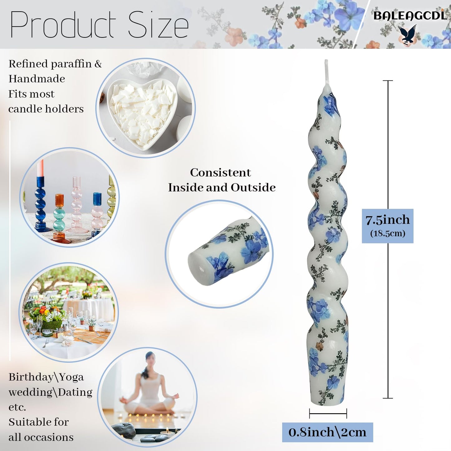 Printed Short Taper Candle Forget-Me-Not Floral Spiral Candlesticks Handmade Tapered Candles 7.5 Inch Twisted Candle for Home Dinner Decor Festival Gifts - Set of 4