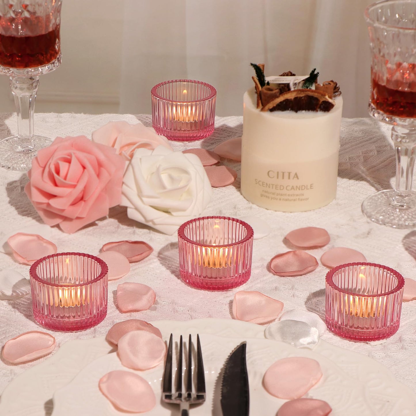 Lanttu Pink Tealight Candle Holder Set of 12, Small Votive Candle Holders for Table Centerpiece,Glass Tea Light Candles Holder for Party&Home,Wedding Decor(2''Dia*1.4''H)