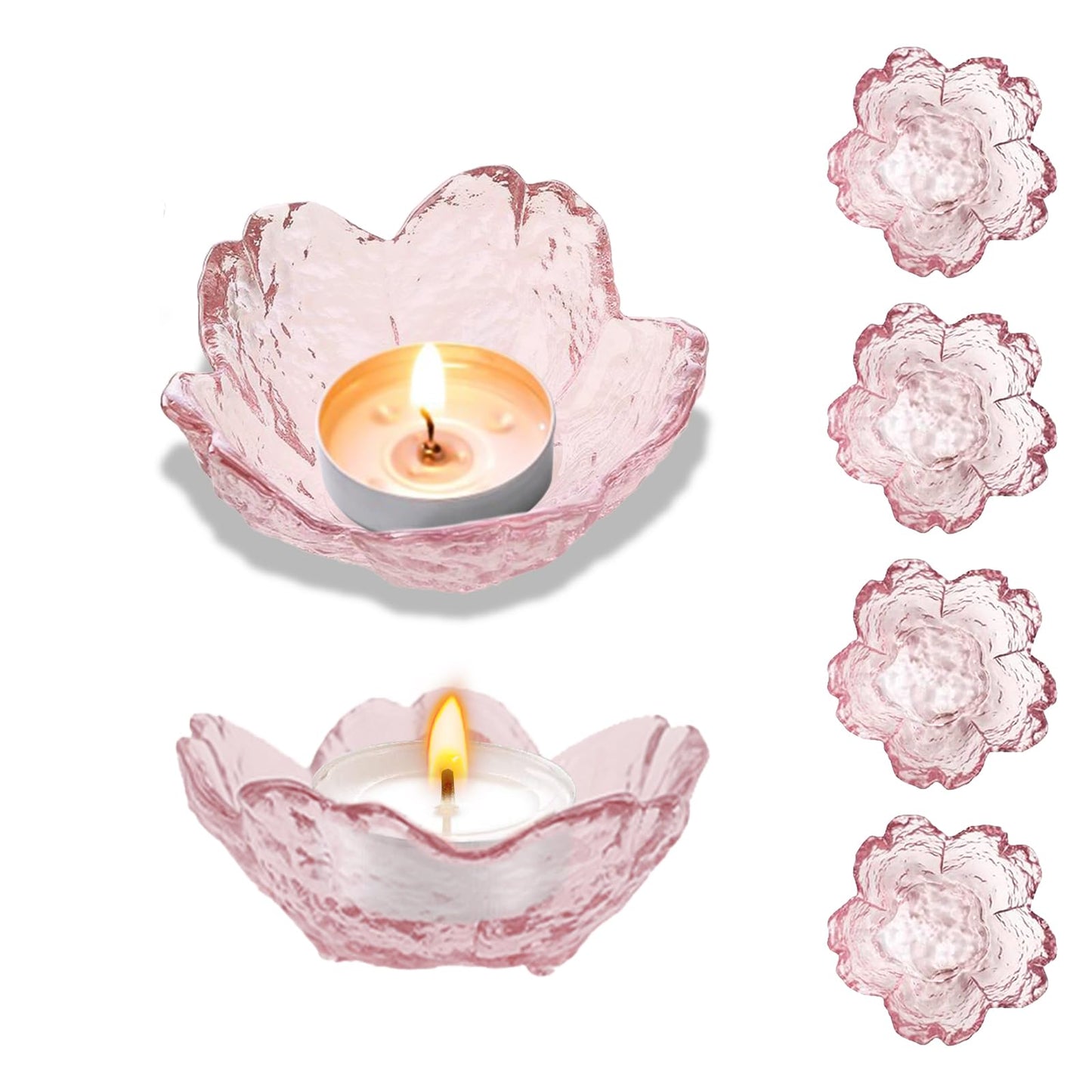 Glass Votive Candle Holders,Glass Seasoning Dishes,Cherry-Blossom Tea Bag Holders,Pink Flower Snack Dip Bowls,Set of 6 Tealight Pillar Trays for Party Housewarming Christmas Valentine Wedding Decor