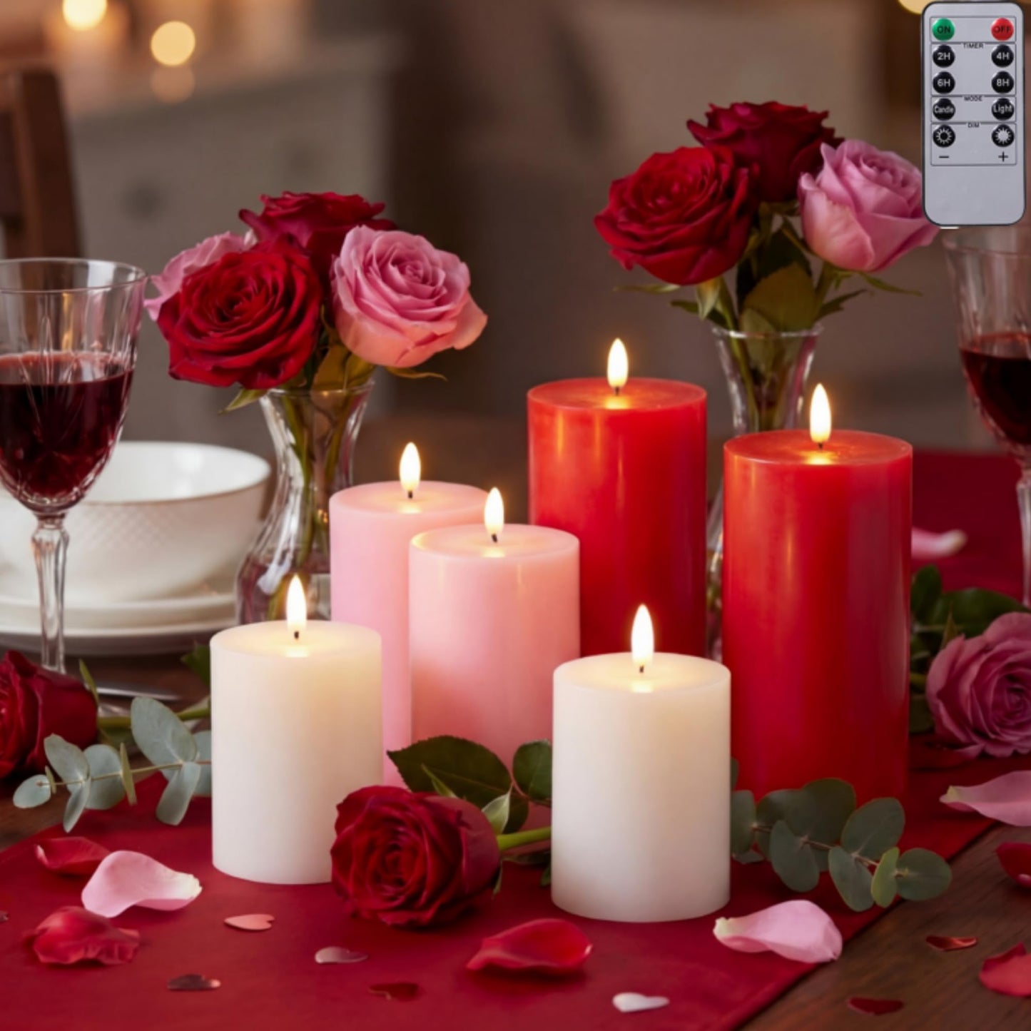 Grinsvalley 6 Pcs Mother's Day Flameless Candles LED Flameless Pillar Candles Wax LED Fake Candle with Remote and Timer Flickering H 4" 5" 6" for Home Table Dating Wedding Party Decor
