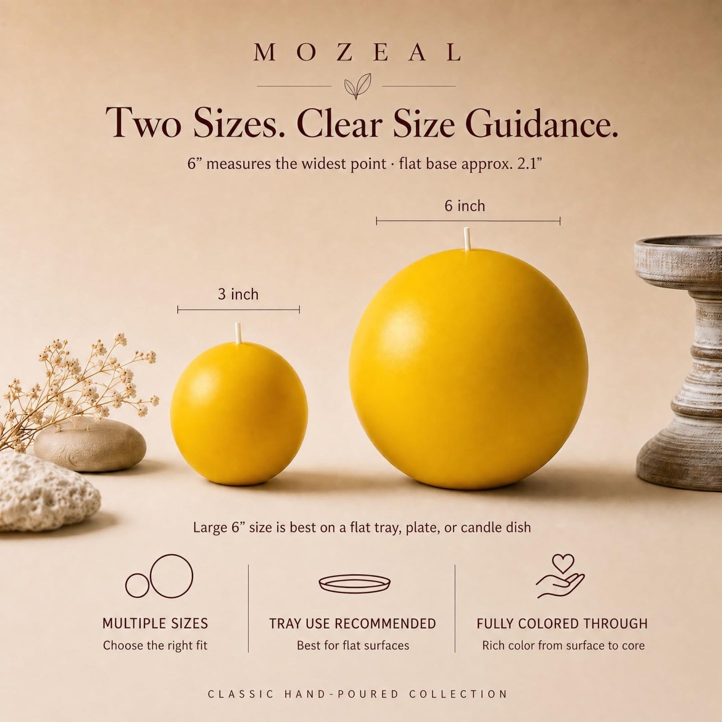MOZEAL Hand-Poured, 3 Inch Yellow Round Ball Candles - Elegant Yellow Round Pillar Candles Set of 3, Dripless, Unscented, Smokeless, Ideal for Spring and Summer Parties.