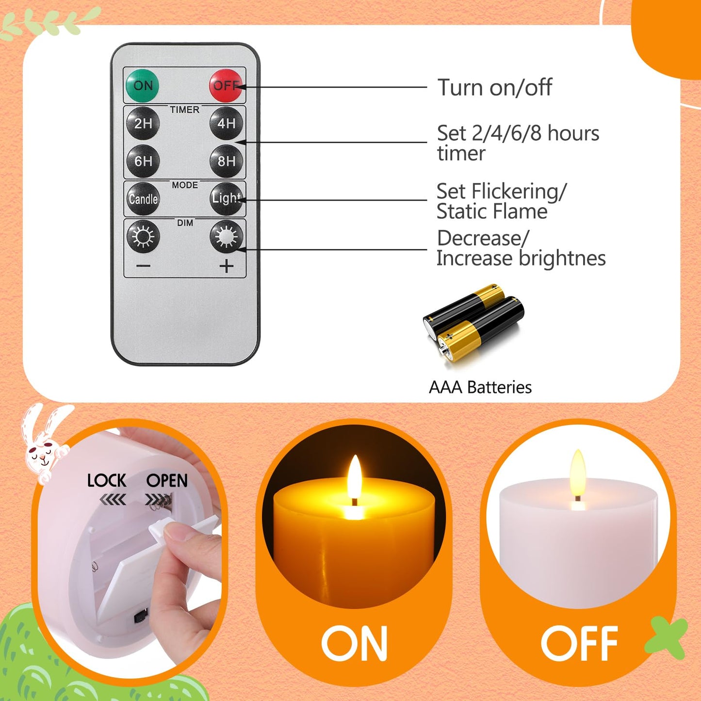 Retisee 3 Pcs Easter Large Flameless LED Battery Operated Candles with Remote and Timer Real Wax Candles for Indoor Outdoor Party Wedding Lights Decorations, Yellow, Pink, Blue