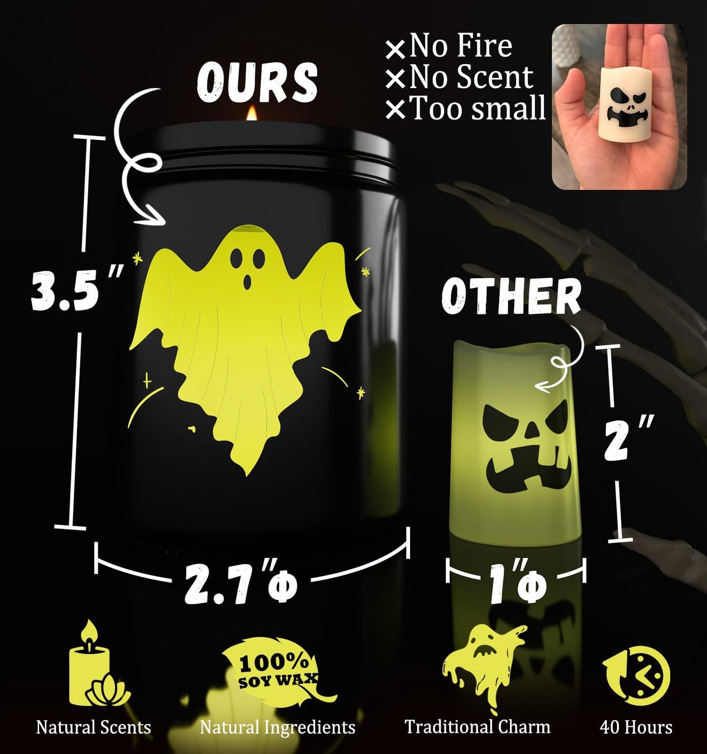 Halloween Decor Indoor-Halloween Gifts Candles for Women with LED Ghost, Ghost Candle with Mint & Musk Scent Over 40 Hours of Burn Time, Gift for Holiday, Home Fall Decorations Indoor, 100% Soy Wax