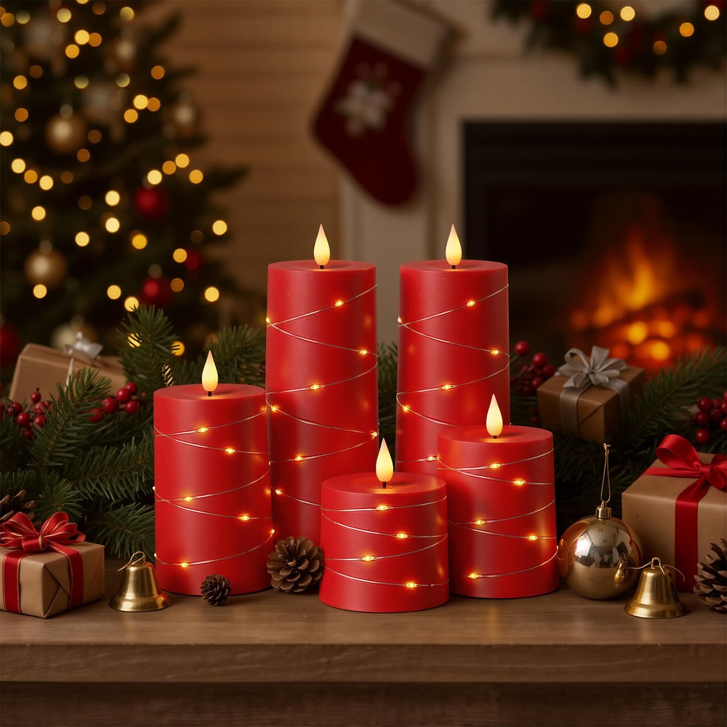 Raycare Independence Day Flameless Candles with Remote Timer, Flickering Battery Operated LED Pillar Fake Candle with String Lights for 4th of July Patriotic Home Decor, Wedding Gift, Red, Set of 5