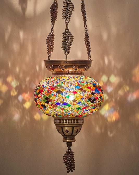 DEMMEX Turkish Moroccan Tiffany Mosaic Glass Hanging Candle Holder Decorative Lantern with Colorful Mosaic Glass Globe and Metal Leaf Chains, Handmade in Turkey, 24" H, Multicolor