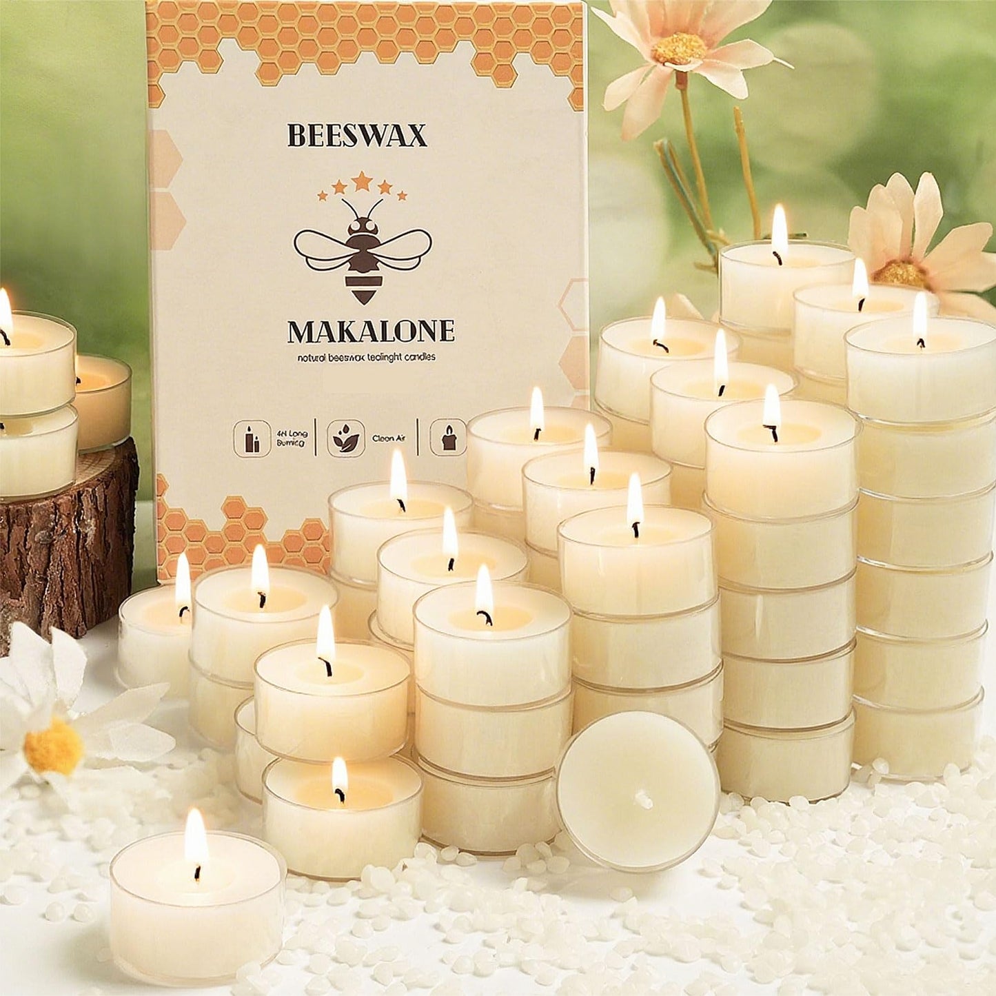 24Pcs White Beeswax Tea Light Candles-4 Hour Burn Time,100% Pure Natural Beeswax-Clean Burning & Air Purifying, Smokeless Bulk Tea Lights for Spa,Meditation,Wedding & Home Decor