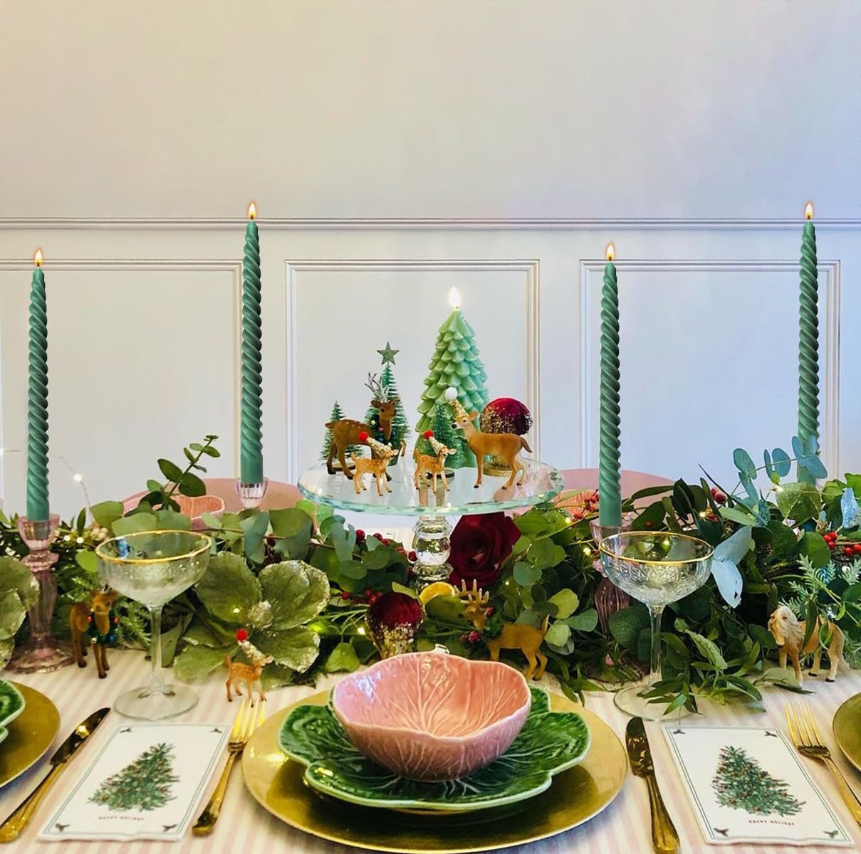 6 Pack 10 Inch Hunter-Green Spiral Taper Candles for Christmas and Spring Home Decoration, Unscented Dripless Twisted Candlesticks for Dinner St. Patrick's Day Earth Day and Garden Parties