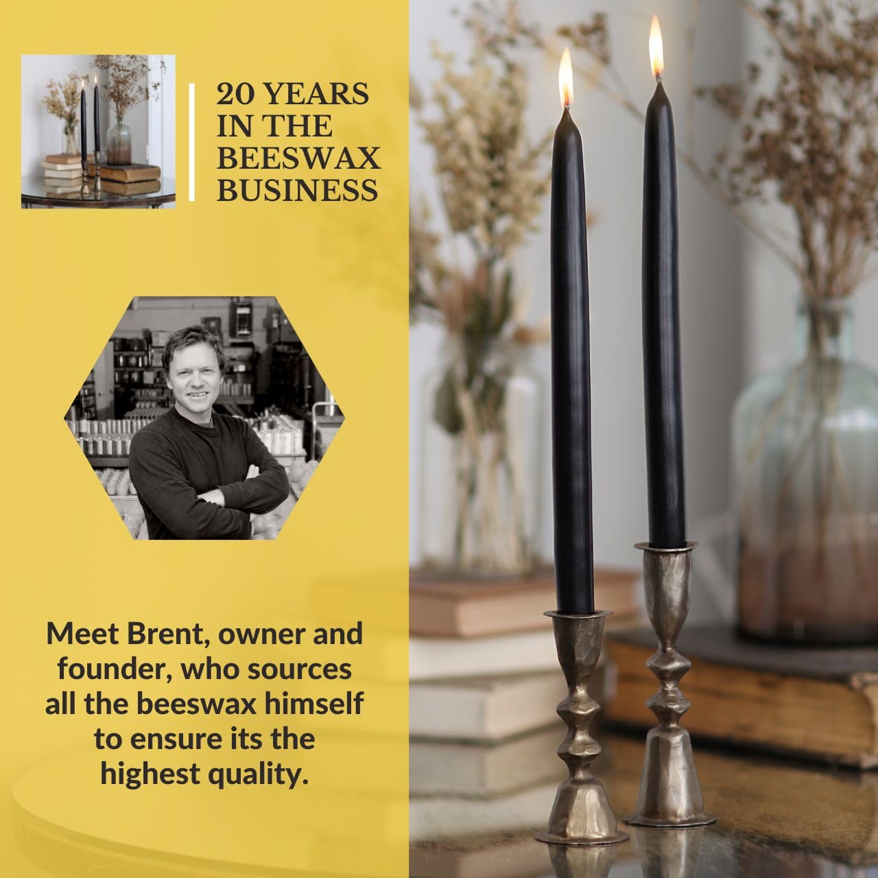 Big Dipper Wax Works Black Hand-Dipped Beeswax Taper Candles – 12” x 7/8”, 2-Pack, 100% Pure Beeswax, Long Burning, Clean, Cotton Wick, Handmade in USA, Home Décor & Wedding Candles