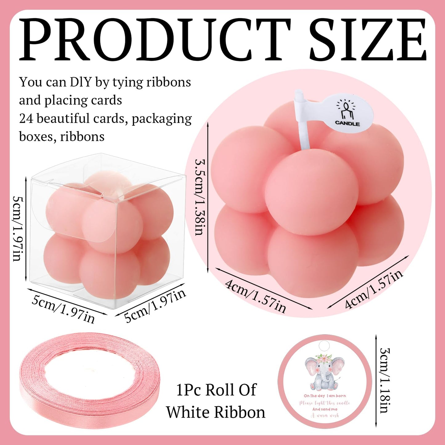 MTLEE 24 Sets Elephant Baby Shower Candle Favors Small Bubble Candle Baby Shower Favors for Guests Tea Candles Bulk with Stylish Ribbons Cards Gifts Party Decoration(Pink,Elephant)