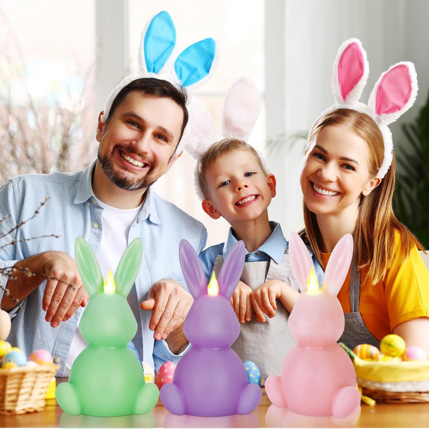 Leorate 3PCS Easter Bunny Flameless Candles – 7.5" Battery Operated LED Rabbit Candles with Flickering Flame, Green Purple Pink Real Wax Finish for Easter Decor, Table Centerpiece & Spring Home