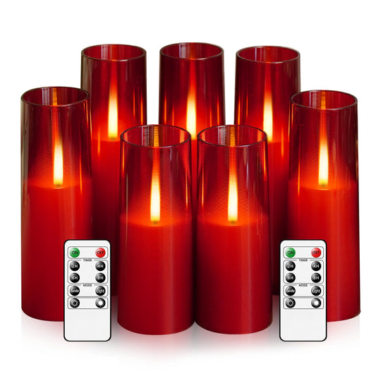 kakoya Flameless LED Candles Upgraded Realistic Flickering Flame,7Pcs Battery Operated Candles with Remote Timers,LED Pillar Candles for Home Decor,Christmas,and Parties(Red)