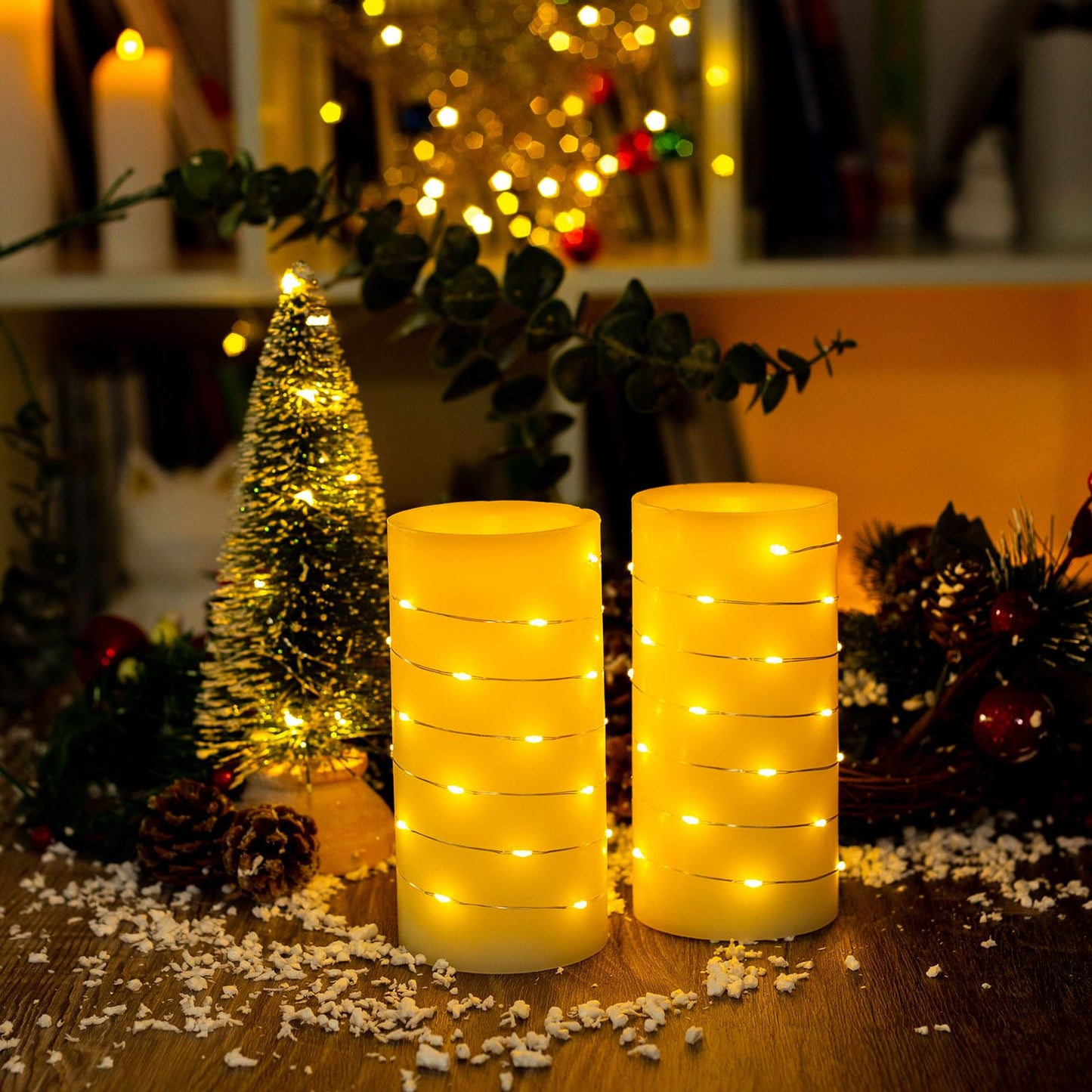 BeMoment Flickering Flameless Candles Ivory Real Wax Pillar with Embedded String Lights LED Candles Battery Operated Candle with Timer and Remote, for Bedroom, Wedding, Home Decor Set of 2 (3" x 6")