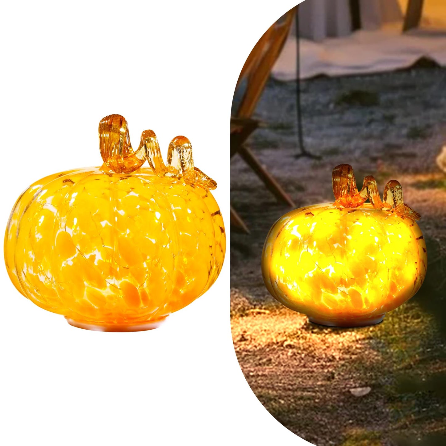 Naboher Handcrafted Glass Pumpkin with Warm LED Lights - Halloween & Thanksgiving Decor, Gift-Worthy Fall Home Decoration, 5.9-Inch Light-Up Tabletop Centerpiece (Vine Orange)