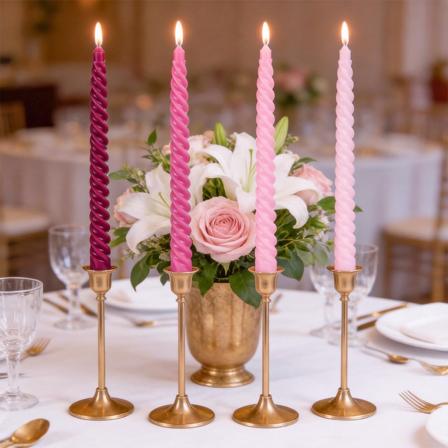 Pink Spiral Taper Candles, 10 inch Gradient Twisted Candles,4 Pack Unscented and Smokeless Long Burning Candles with Cotton Wicks,Tall Candlesticks,Ideal for Weddings, Dinner Parties, and Home Décor