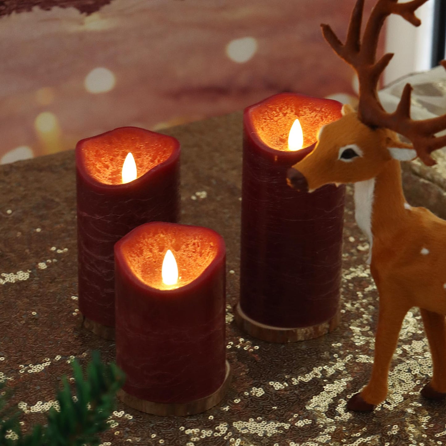 EZiKitchen Flameless LED Candles Set of 3 (D 3’’ x H 4’’ 5’’ 6’’) Real Wax Battery Operated Candle with Timer Home Decorative Pillar Flickering Lights,Wedding Party Events Decor,Burgundy
