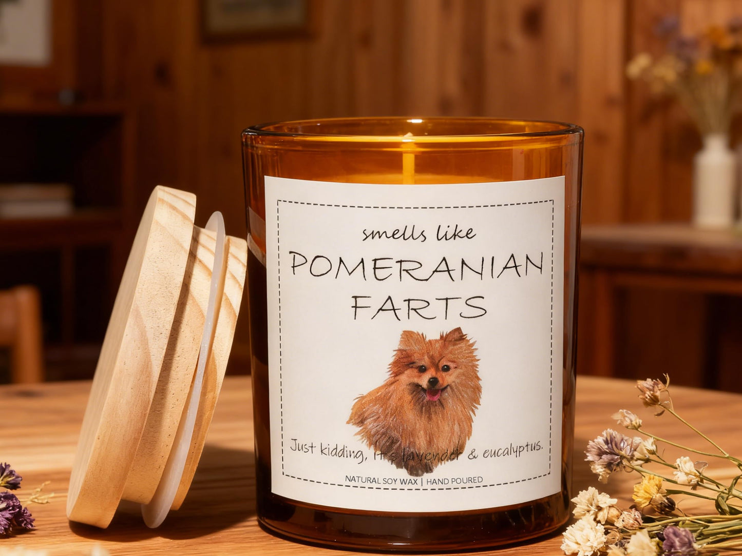 Pomeranian Gifts & Decor, Dog Mom Gift for Women, Smells Like Pomeranian Farts Candle - Lavender & Eucalyptus, Crafted by Natural Soy Wax & Natural Essential Oils