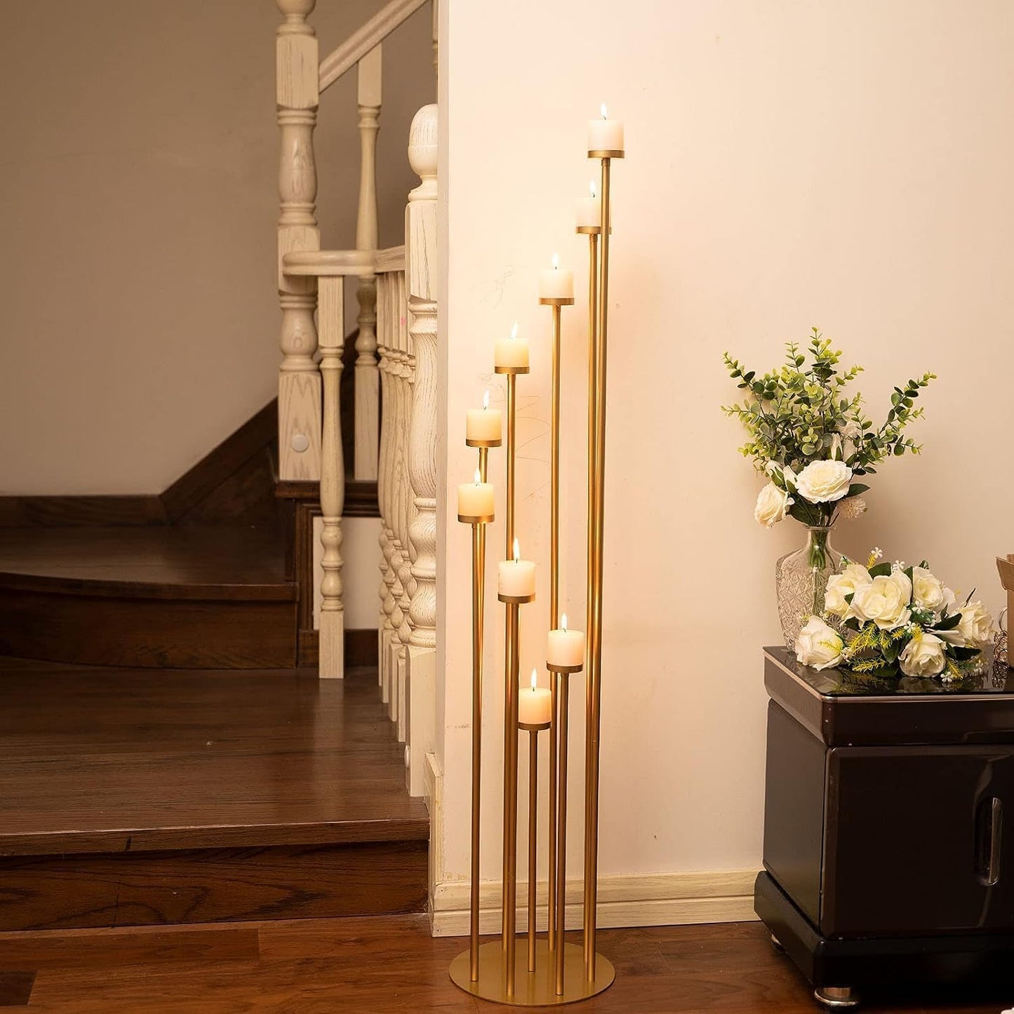 Fullvaseer 2pcs 9 Arm Candelabra,Floor Candle Holders Tall Set for Wedding Aisle Decoration,Gold Candelabras for Fireplace,Candle Stand Fit for Flameless or Wax