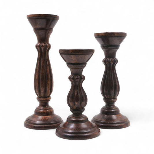 Hosley Set of 3 Dark Brown Wood Pillar Candle Holders 13 Inches 11 Inches and 9 Inches High Ideal for LED and Pillar Candles Gifts for Weddings Party Home Spa Reiki Aromatherapy