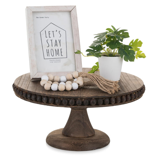 Hanobe Round Wood Cake Stand: Cupcake Pedestal Stand 12 inch Dessert Display Riser Distressed Rustic Cakes Holder Tray Vintage Beads Wooden Plate for Christmas Wedding Birthday Decor