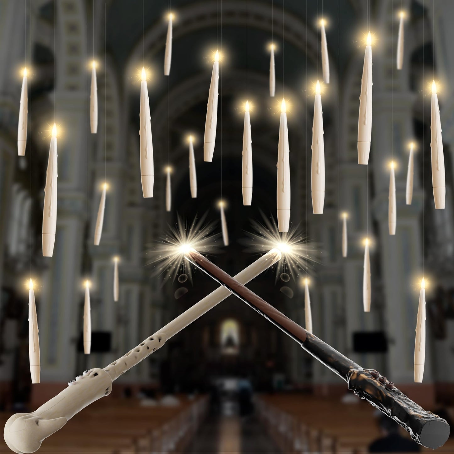 JOIONE Floating Candles with Wand, 20 Pack Hanging Candles with Magic Wand Remote, Battery Powered Floating Candles with 2 Wand, Flameless Magic Hanging Taper Candles for Xmas Halloween Decor
