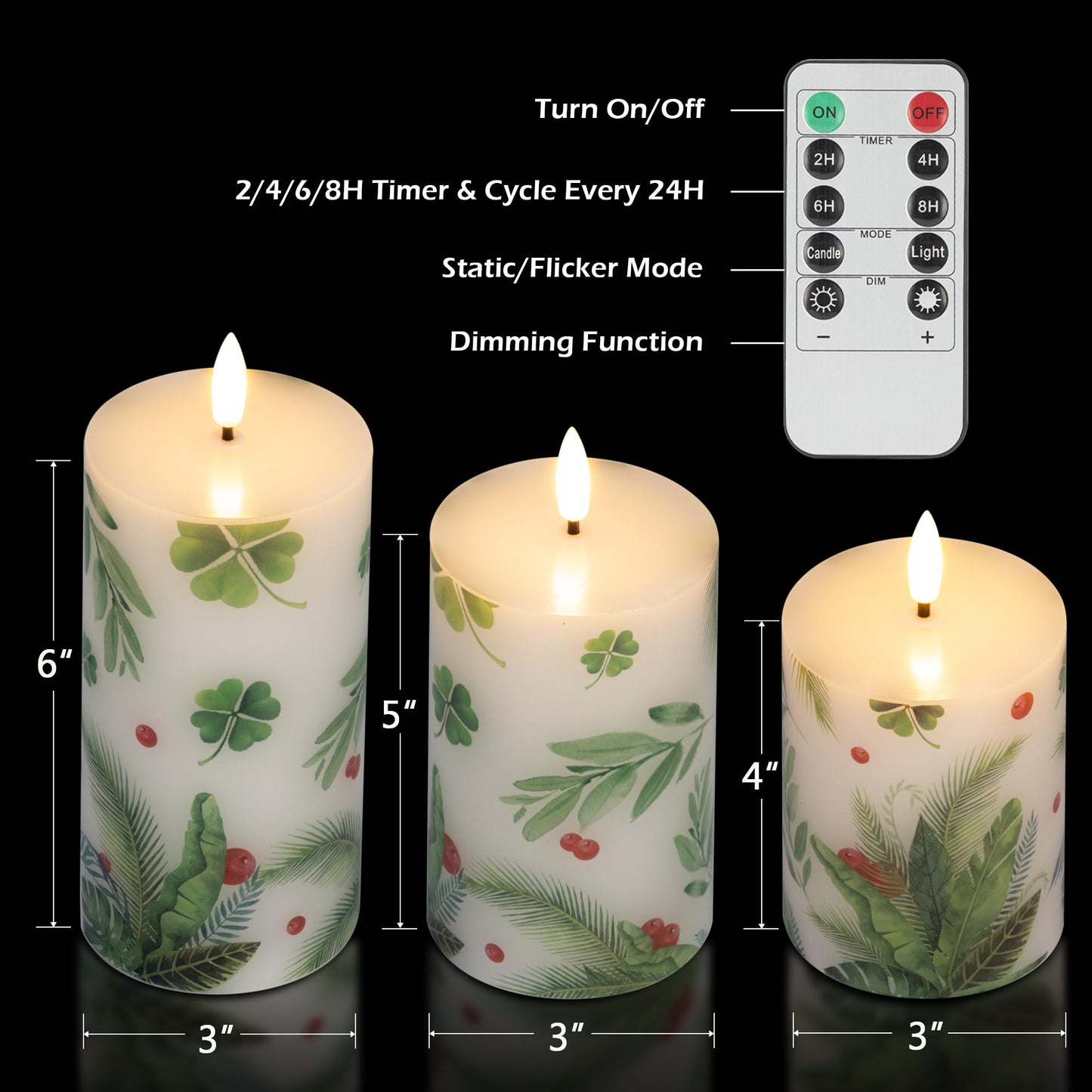 JOIONE Flameless Pillar Candles with Remote, 3 Pack Battery Operated Real Wax Green LED Candles, Perfect for Spring Summer Home Decorations Fireplace Table, Shamrock