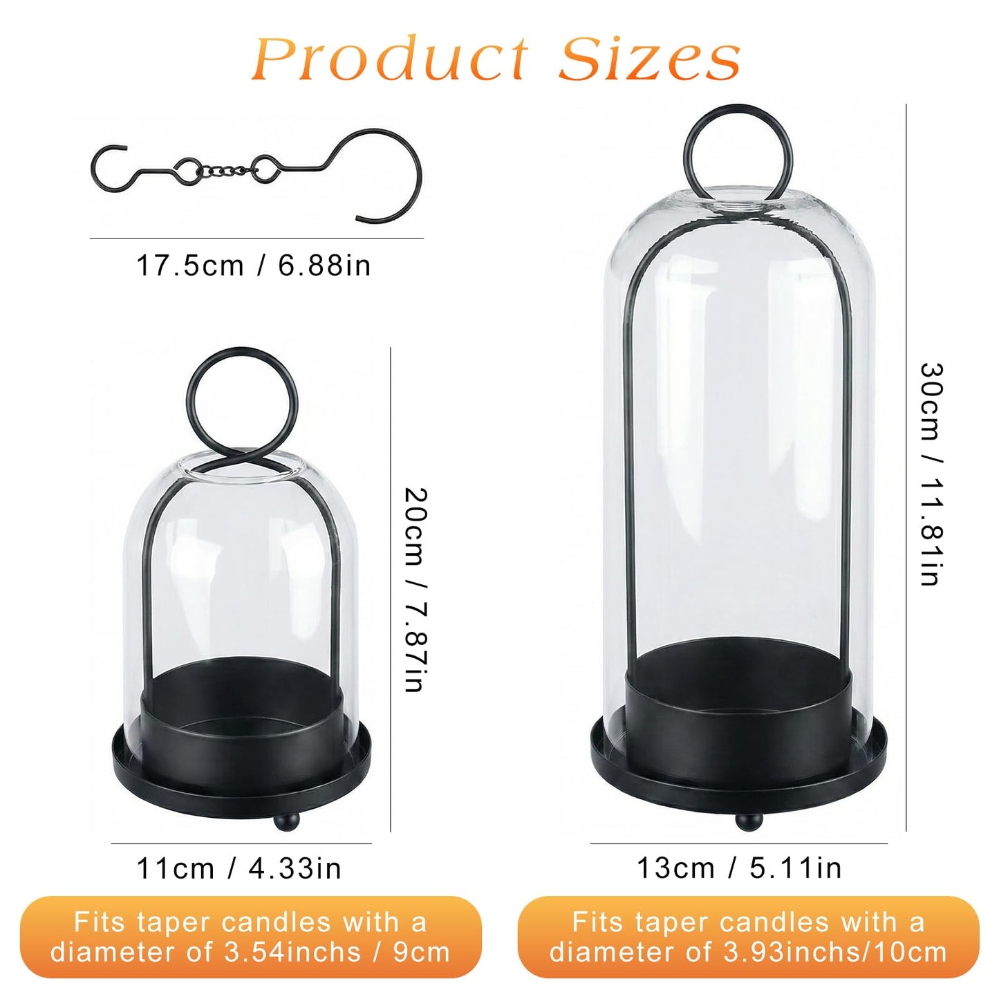 Fohil 5" & 4" Hurricane Glass Candle Holders, Set of 2 Metal Candle Holder with Handmade Sturdy Glass Dome, Candle Lantern for Pillar Candles, Plants, Table Centerpiece, Home Decor