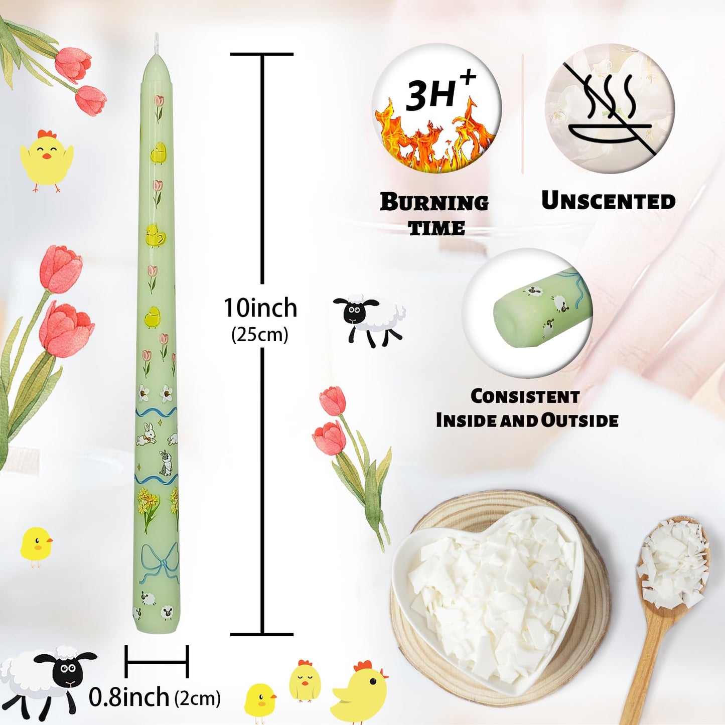 Floral Taper Candles 10 Inch Tall Unscented Handmade Light Green Rabbit Print Long Burning Elegant Candlesticks for Wedding Dinner Home Decor