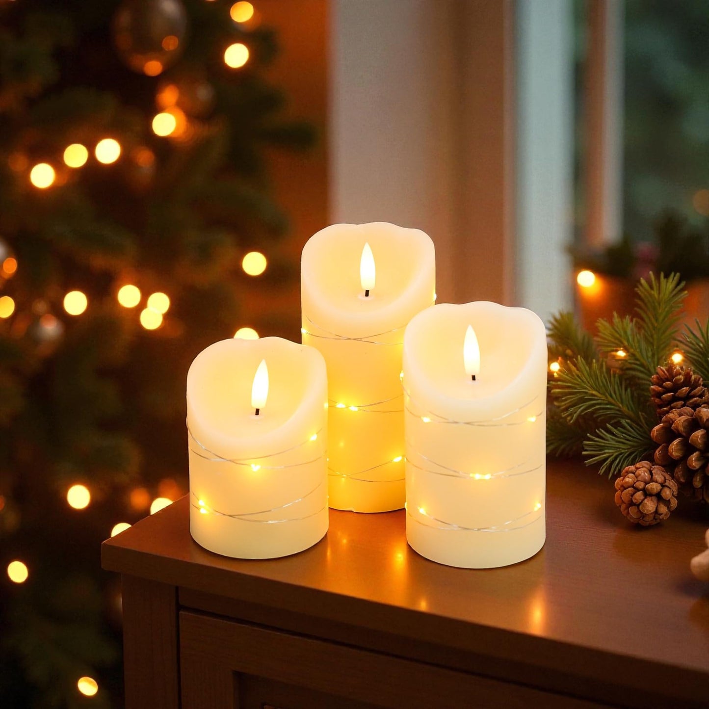 JHY DESIGN Flickering Flameless Candles Real Wax Electric with Embedded String Lights, Battery Operated Pillar LED Candles for Gift, Christmas & Home Decorations, with Remote & Timer, Set of 3(Ivory)