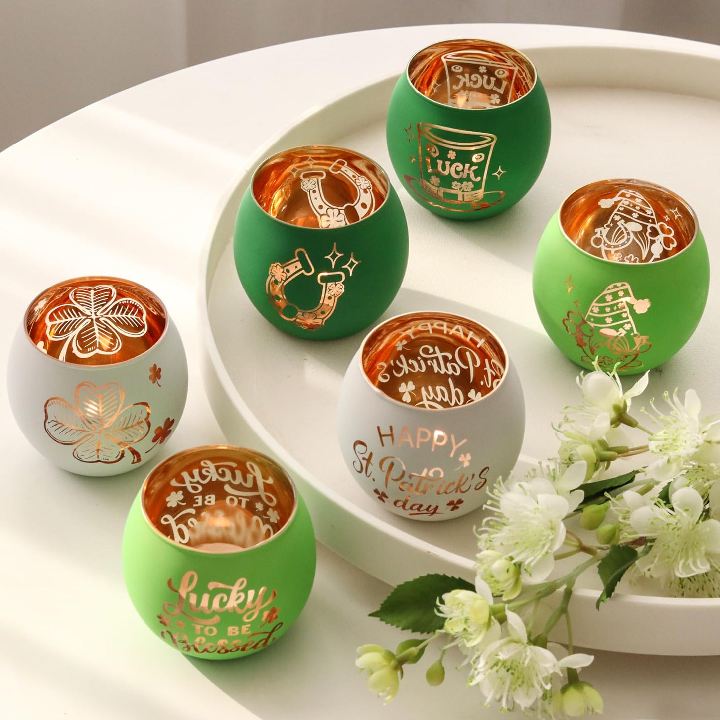 SHMILMH St. Patrick's Day Candle Holders 6PCS St Patricks Day Shamrocks Decorations for Table Centerpiece, Glass Votive Tealight Holders for Home Decor Party Decorations