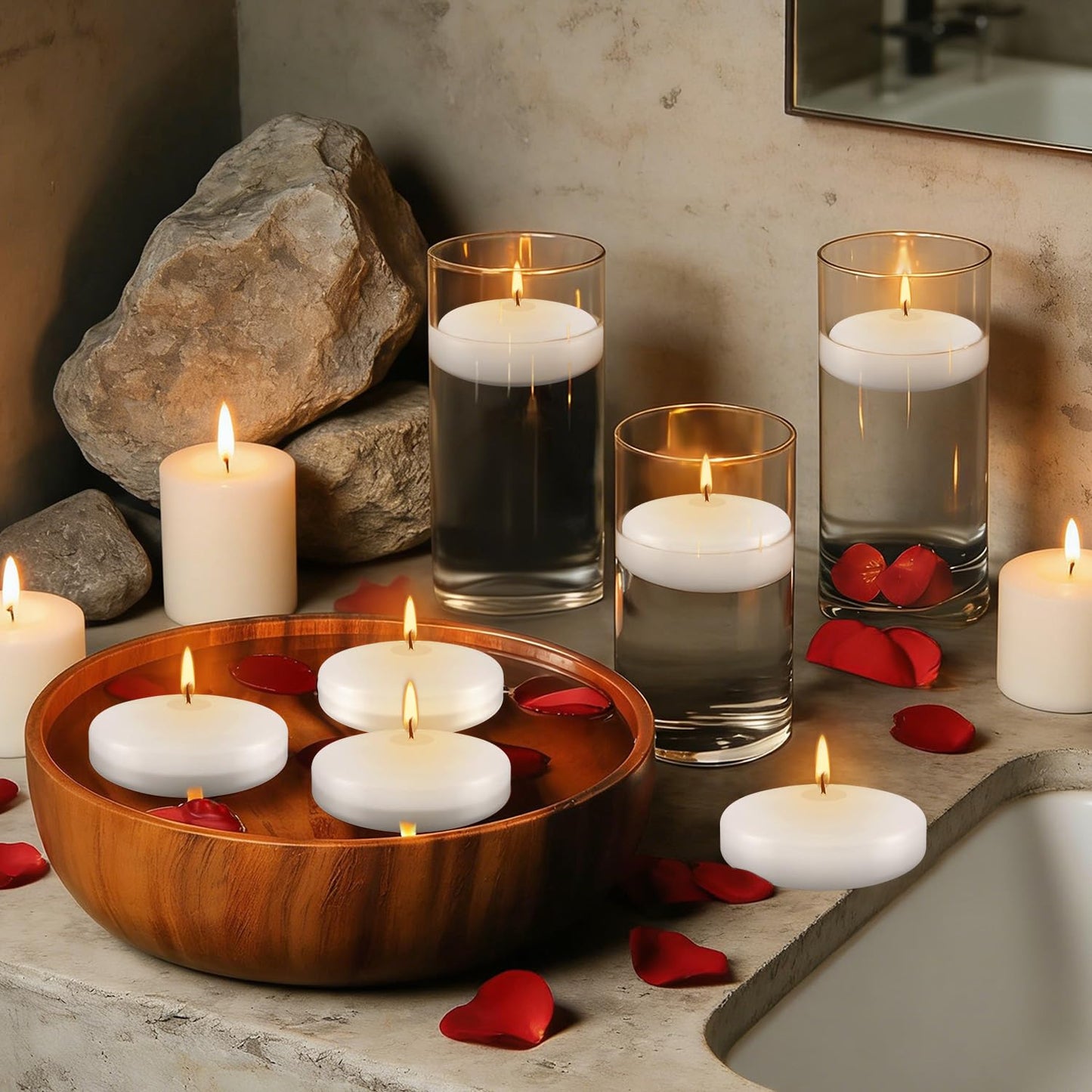 24Pack 3 Inch Unscented White Floating Candles,Long Lasting Burning-Ideal for Home Decor, Weddings, Parties, Pools, Cylindrical Vases, Restaurant and Holidays