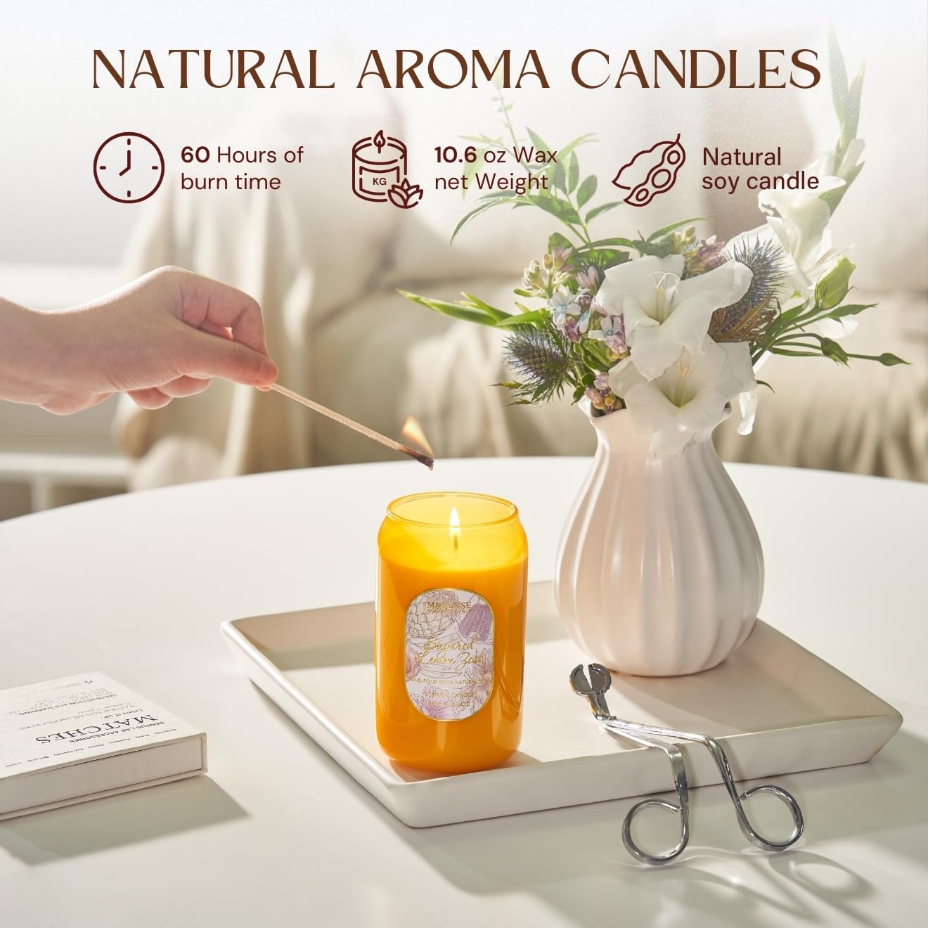 M&SENSE Aromatherapy Yellow Soy Scented Candle - Sugared Lemon Zest Scent, 10.6 oz, 60-Hour Burn,Uplifting Stress Relief Candles Gift for Birthday,Valentine's Day,Mother Day