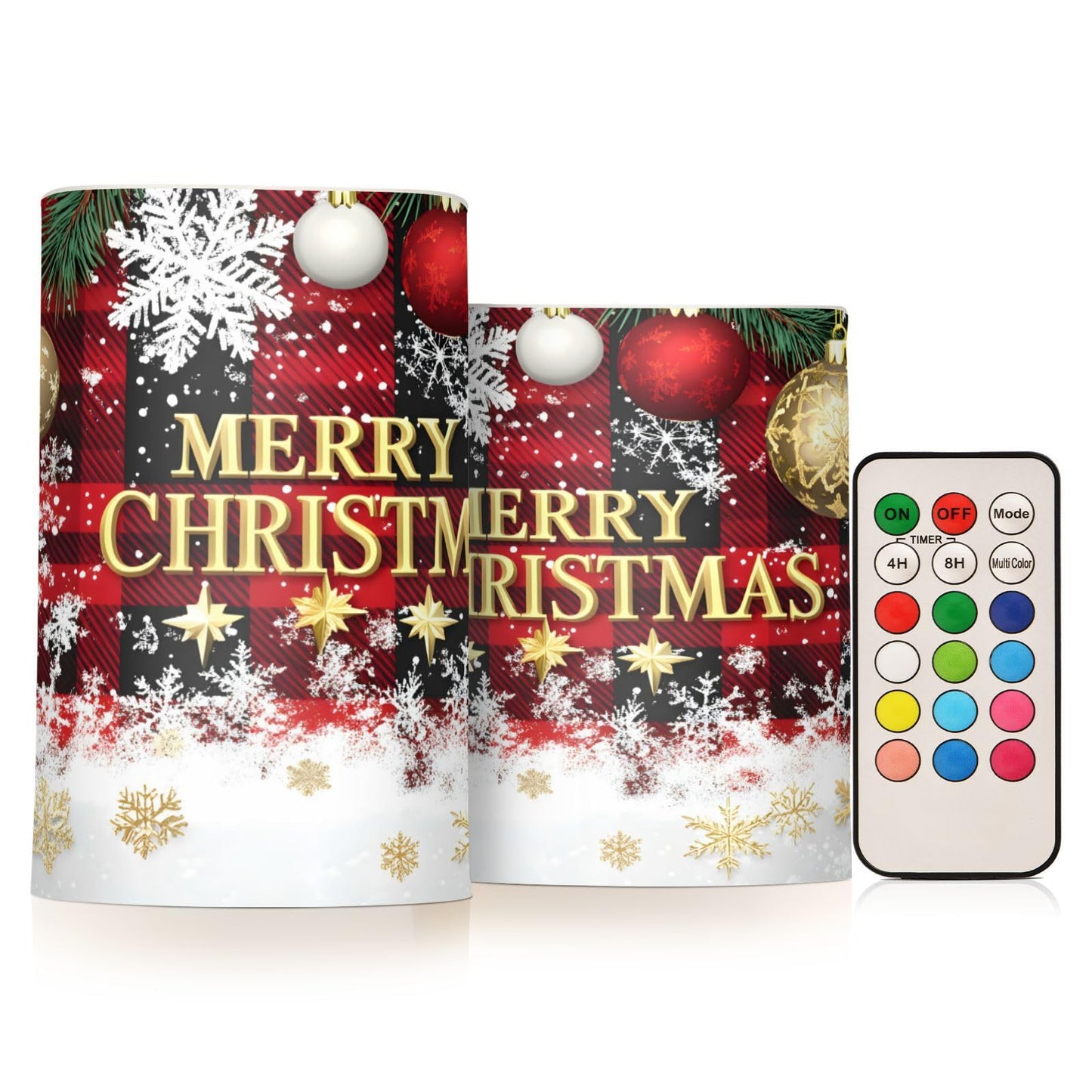 ALAZA Christmas Flickering Flameless Candles Buffalo Plaid Check Snowflake Battery Operated with Remote Timer,Tea Light Candles LED Pillar Votive Candles Set of 2 for Outdoor Indoor Xmas Decorations