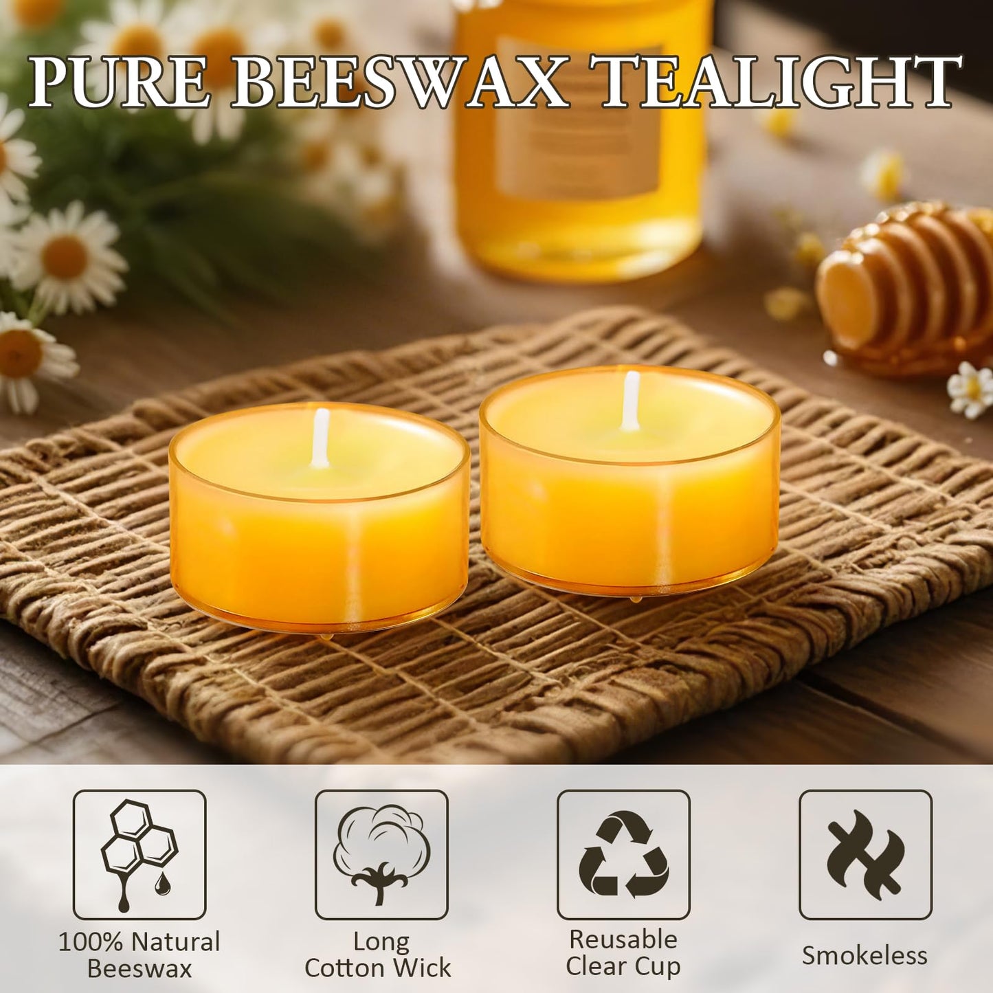 12 Packs Beeswax Tealight Candles, 4-Hour Extended Burn Time, Natural Smokeless Clean Bees Wax Candles, Perfect for Home Deco, Air Purification, Fragrance