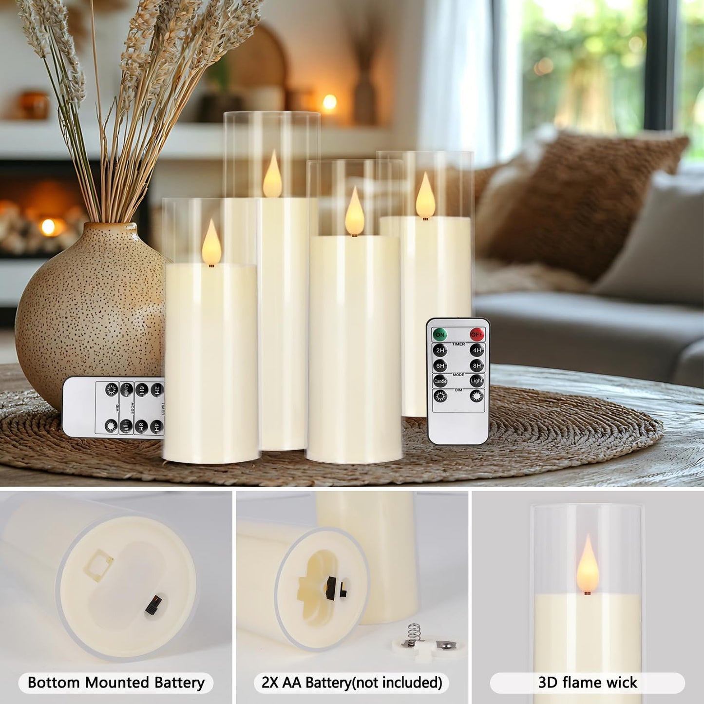 fclayvts 24 Packs of Acrylic LED Candles, Flickering Flameless Candles Battery Operated with Remote Dimmed and Timed, 3D Wick Candles for Home Decor,Wedding,Gift，Parties and Festivals. (3 Size)