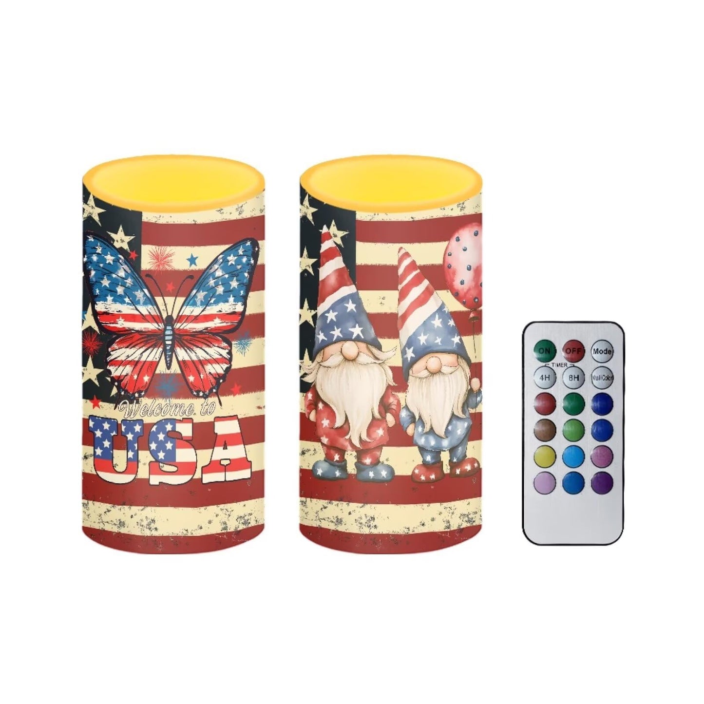 NETILGEN 2 Pcs Flameless Candles with Battery Powered Pillar Candles with Timer Remote American Flag Butterfly Gnome Print July 4th Patriotis USA Flag Memorial Day Decor