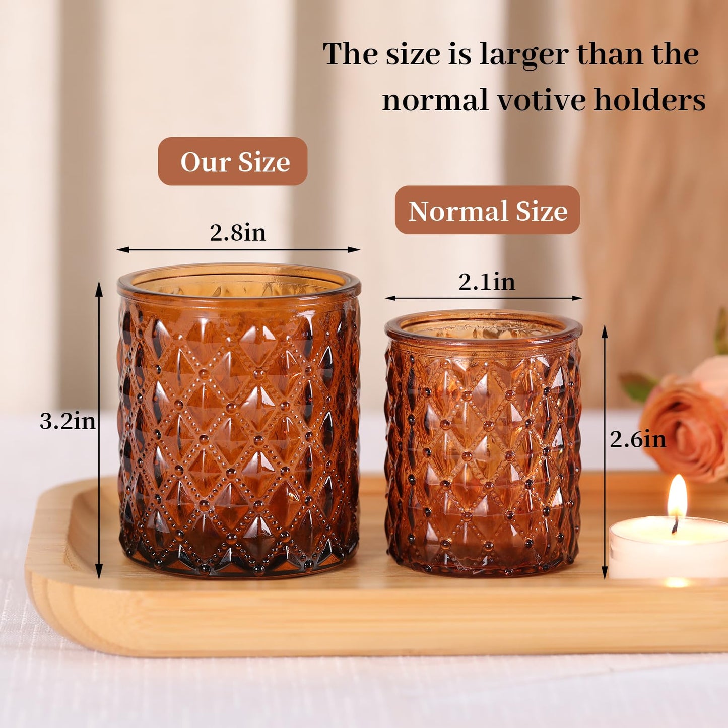MATAHUM 12Pcs Large Votive Candle Holders 2.8 * 3.2in Amber Tea Light Candle Holders Glass Candle Holder for Bridal Shower, Wedding, Table Centerpiece, Party, Home Decor
