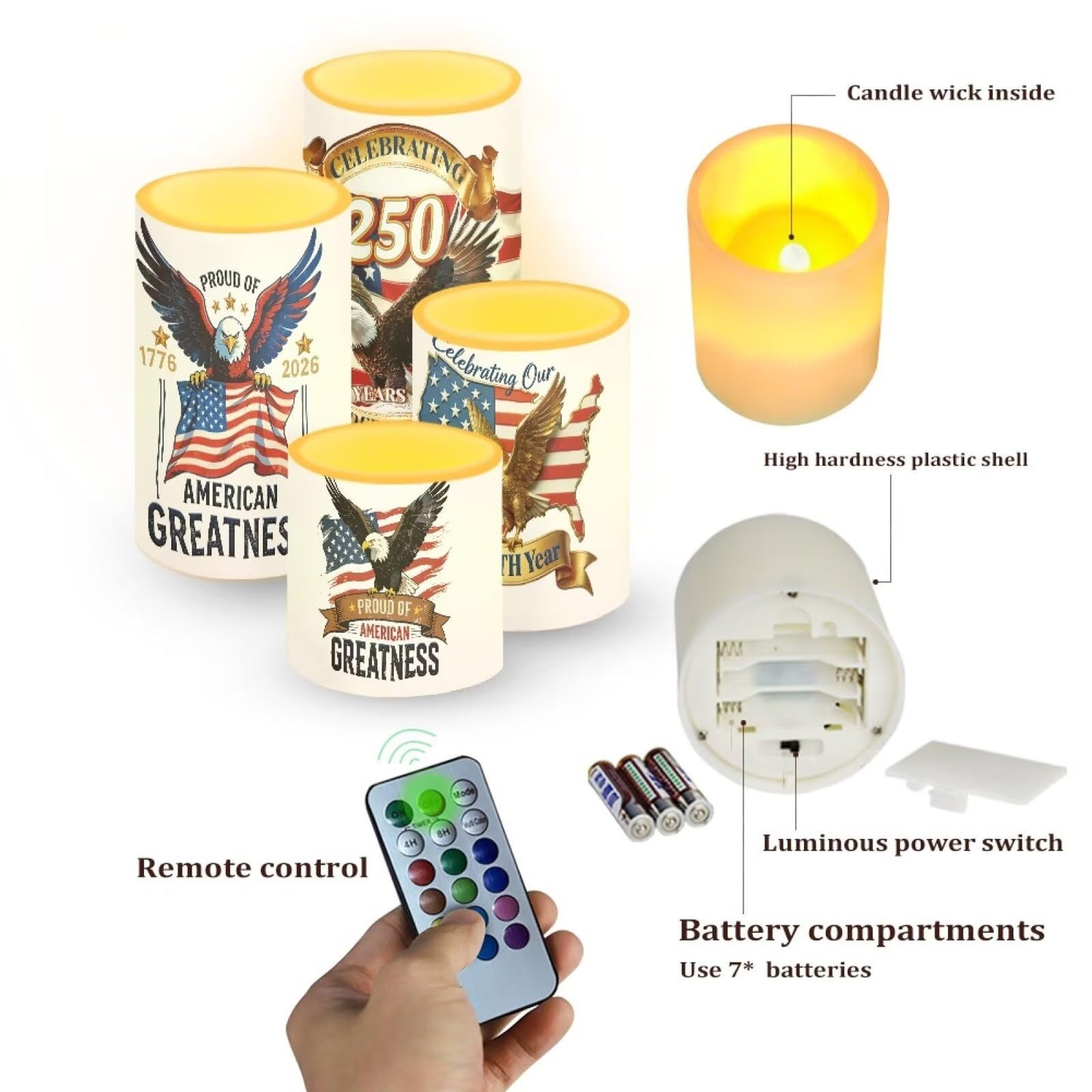 NETILGEN American Flag Eagle Flickering Flameless Candles with Battery Powered LED Candles with Remote Timer Color Changing Control 4 Pcs Set 250 Years Celebration July 4th Independence Day Theme