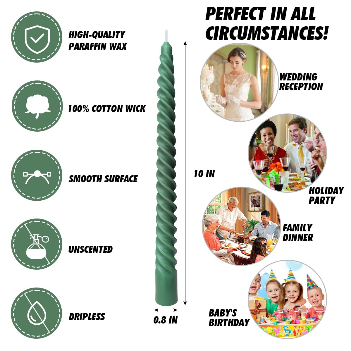 6 Pack 10 Inch Hunter-Green Spiral Taper Candles for Christmas and Spring Home Decoration, Unscented Dripless Twisted Candlesticks for Dinner St. Patrick's Day Earth Day and Garden Parties