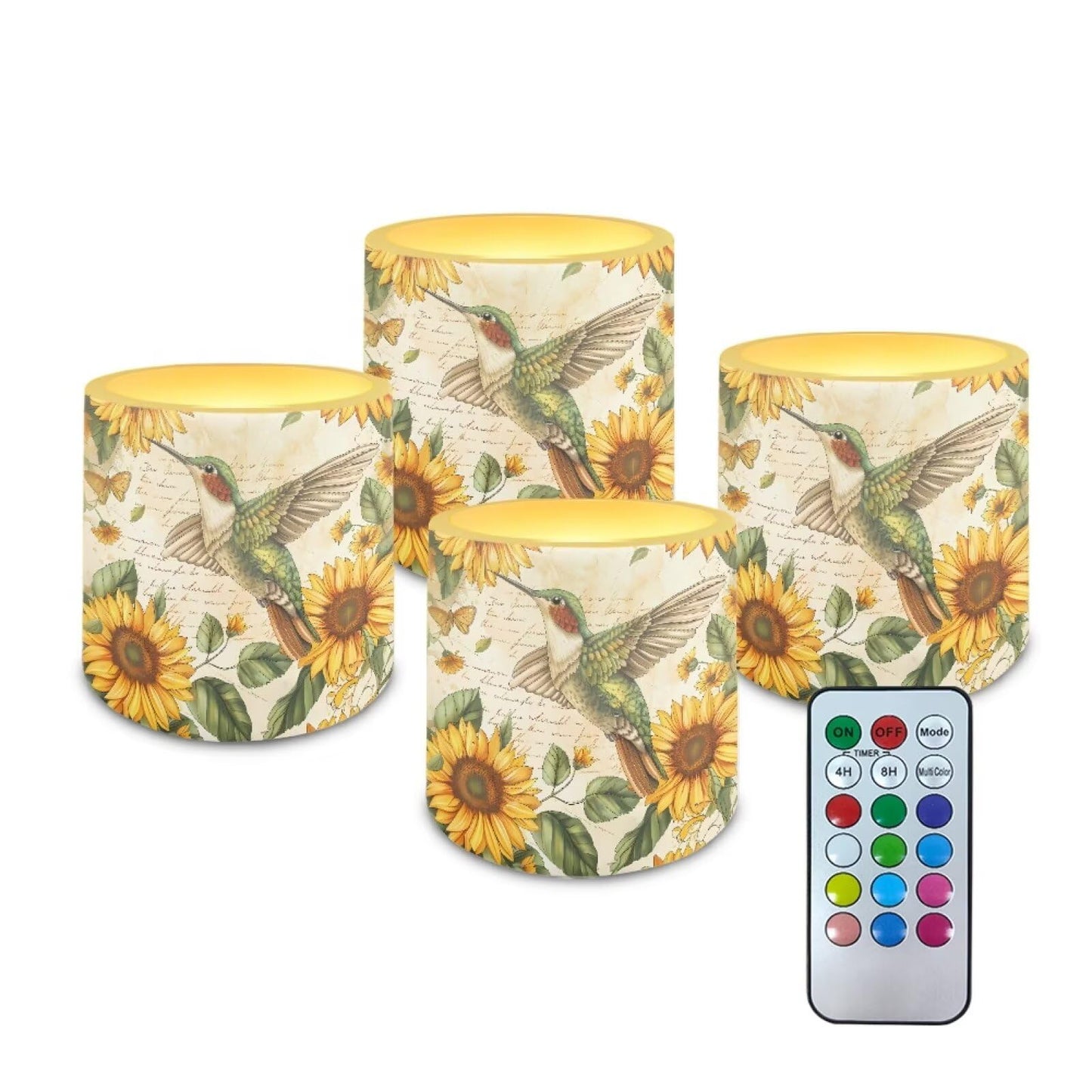 Cozeyat Sunflower Bird Flameless Candles 4 Pack Battery Operated LED Pillar Candles with Remote Control Timer Waterproof for Indoor Outdoor Use
