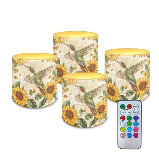 Cozeyat Sunflower Bird Flameless Candles 4 Pack Battery Operated LED Pillar Candles with Remote Control Timer Waterproof for Indoor Outdoor Use
