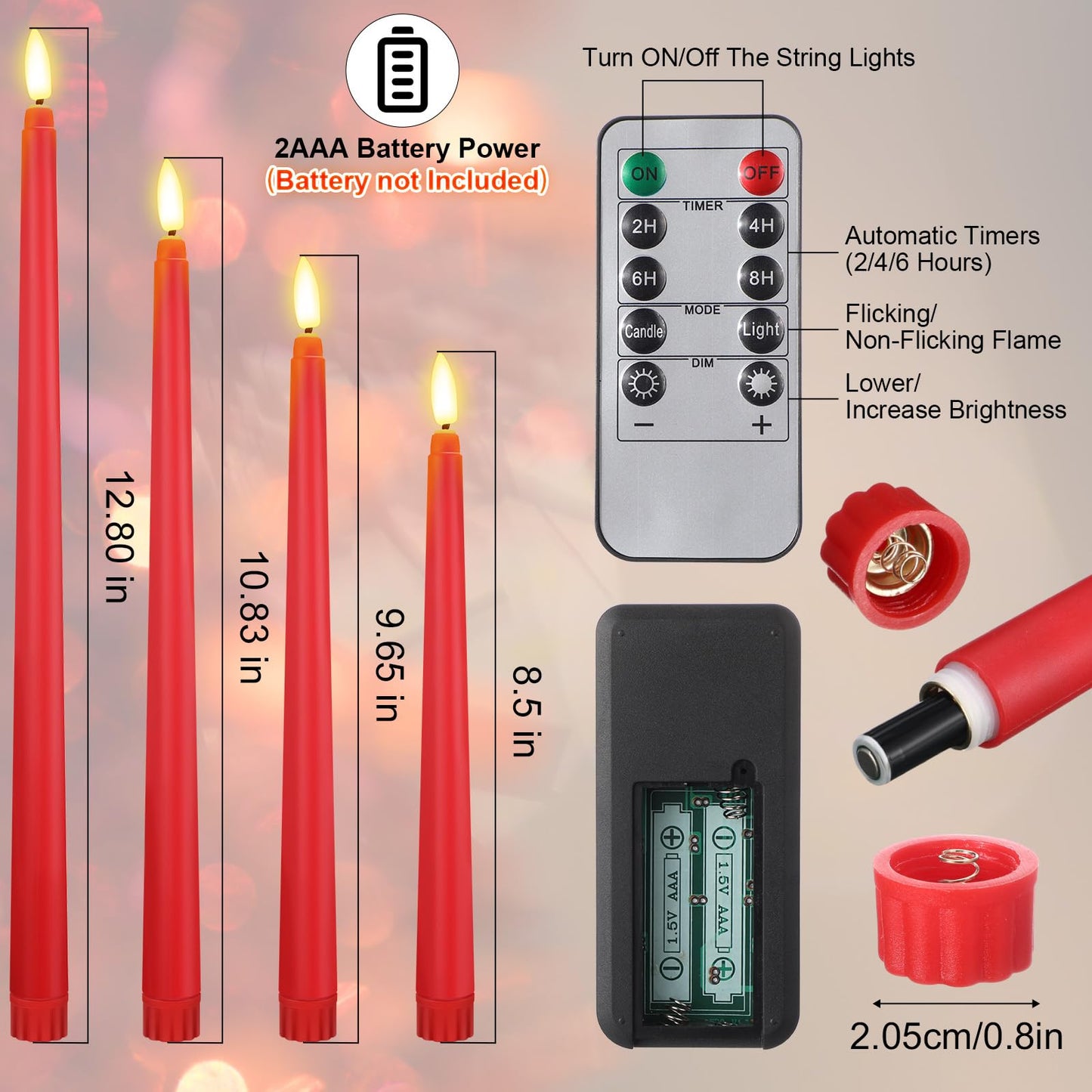 Rossesay 28 Pcs Flameless Taper Candles with Timer Remote 4 Sizes of 8.5", 9.6", 10.83", 12.8" LED Flickering Taper Candles Battery Operated for Valentine's Day Church Wedding Home Decor(Red)