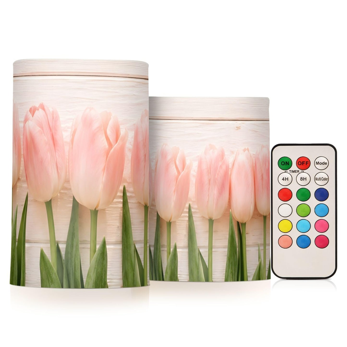 Lights Flameless Candles Spring Pink Tulip Flower Pillar Candles Set of 2 Battery Operated Remote Control Warm Lights Home Decor