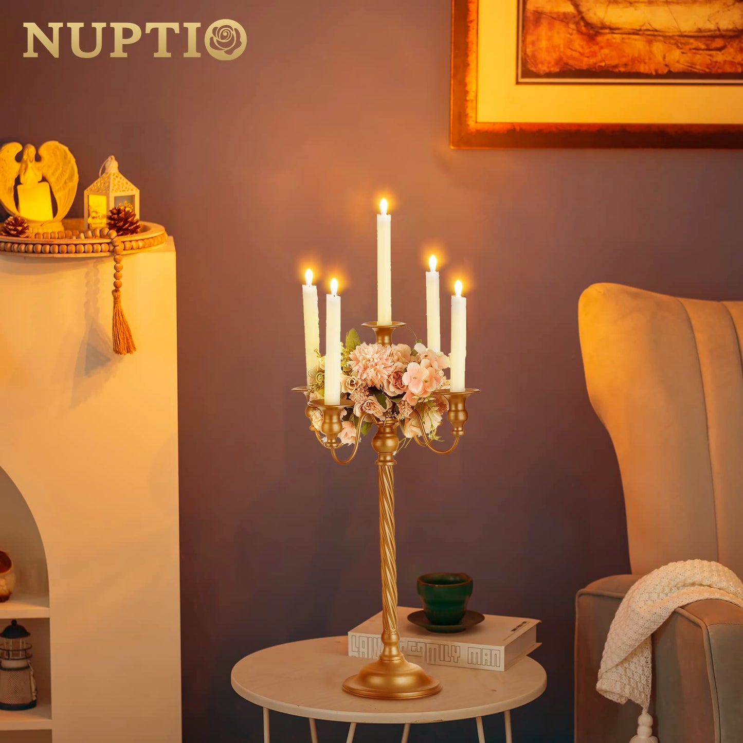 Nuptio Tall Candle Holder Gold Candelabra 21in Candlestick Holder 5 Arm Candelabras 2 Pcs Metal Taper Candle Holders Candle Stand Table Centerpiece for Wedding Fireplace Home Halloween Church Decor
