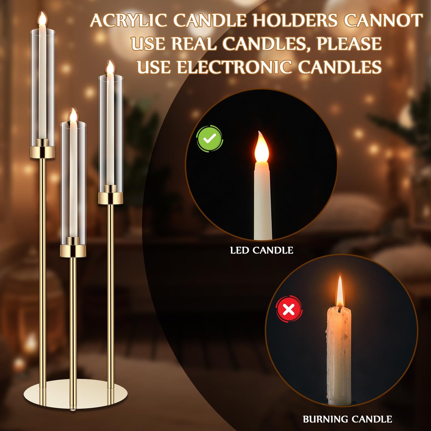 Layhit 6 Set Wedding Gold Candelabra Centerpieces for Tables, 3 Arm Tall Acrylic Candle Holder Centerpiece with Clear Shades for Reception, Party, Dining Decor, Anniversary, Fits 0.87" LED Candles