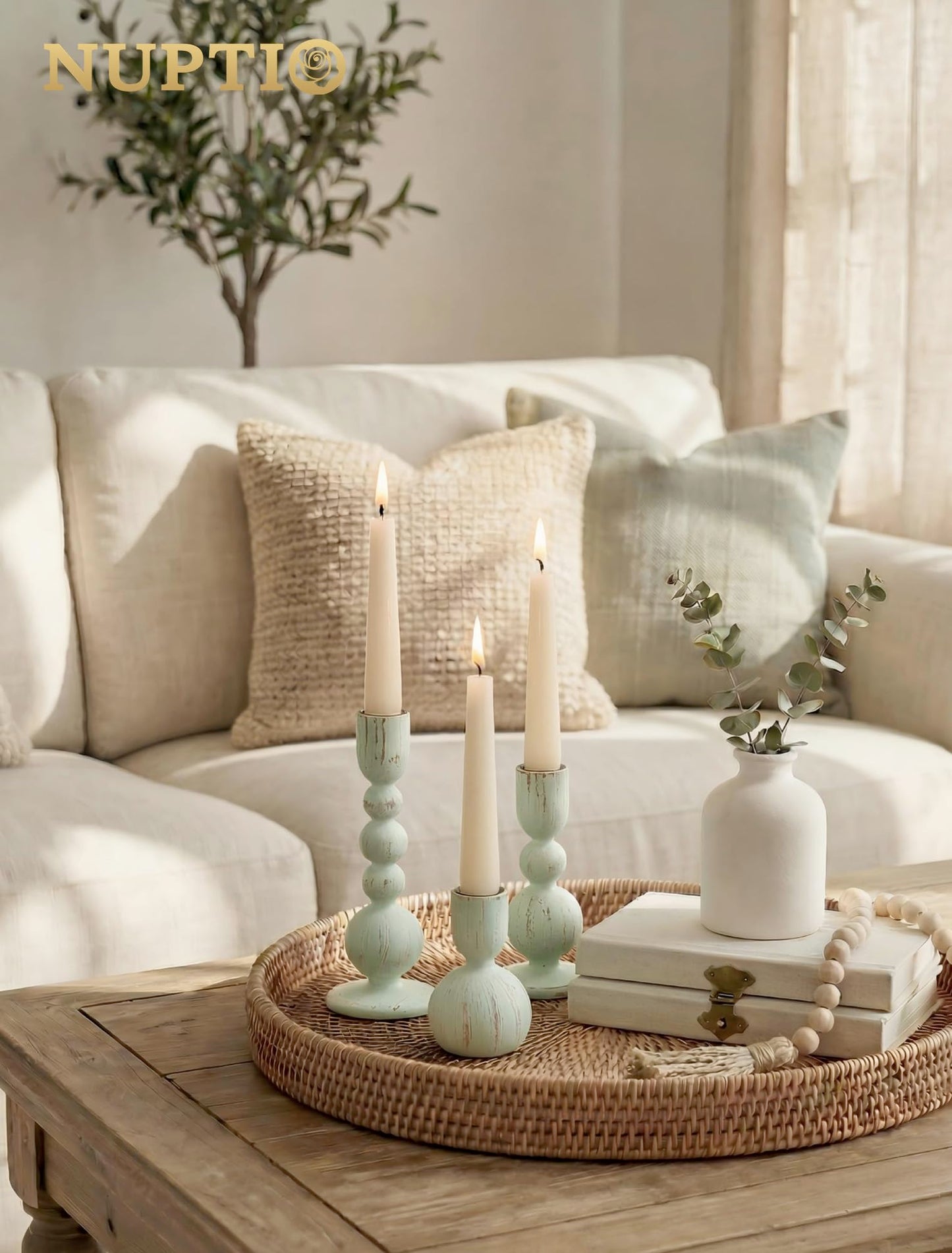 NUPTIO Candle Stick Holders Decor: Set of 3 Farmhouse Wooden Taper Candle Holders - Rustic Sage Green for Home Coffee Dinner Table
