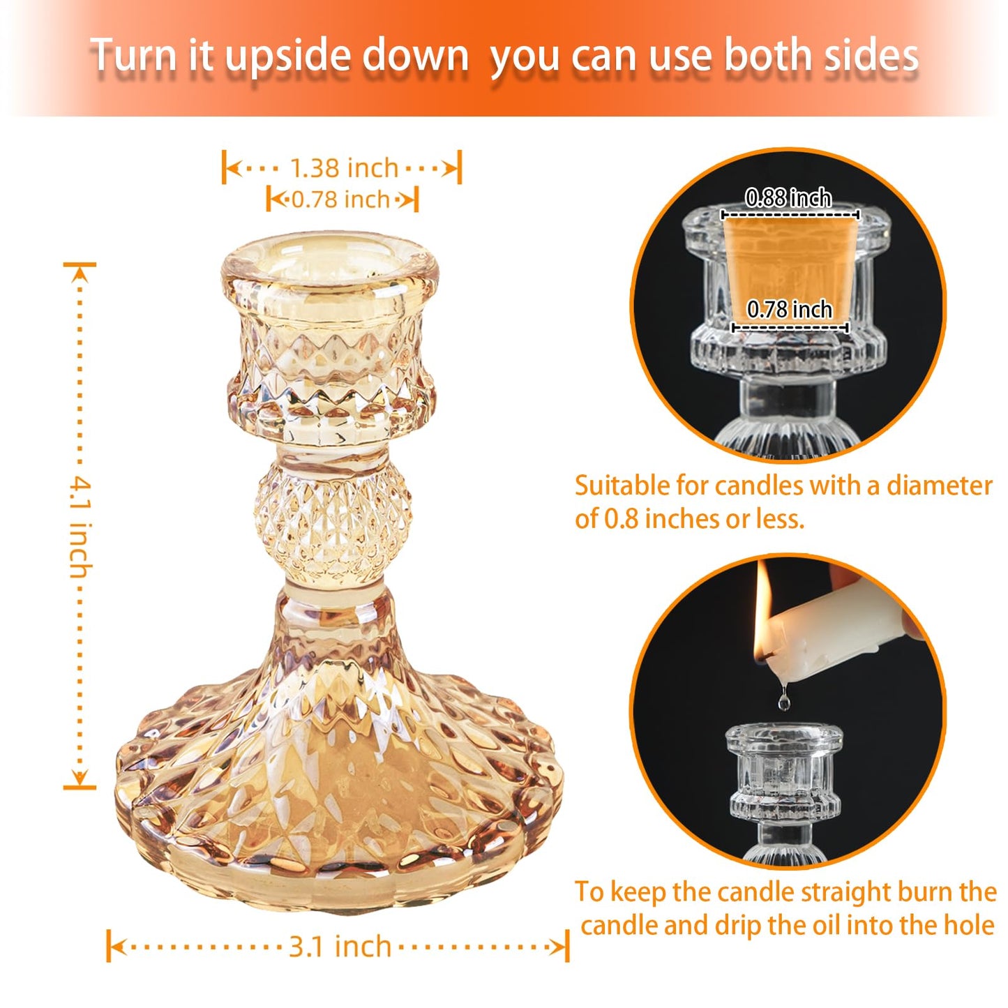 ECHFSM Glass Candlestick Holder,Striped Taper Candle Holders,Set of 6 Candle Stand for Table Centerpieces, Home Decor,Weddings,Festival and Parties (Amber Dimond Pattern)